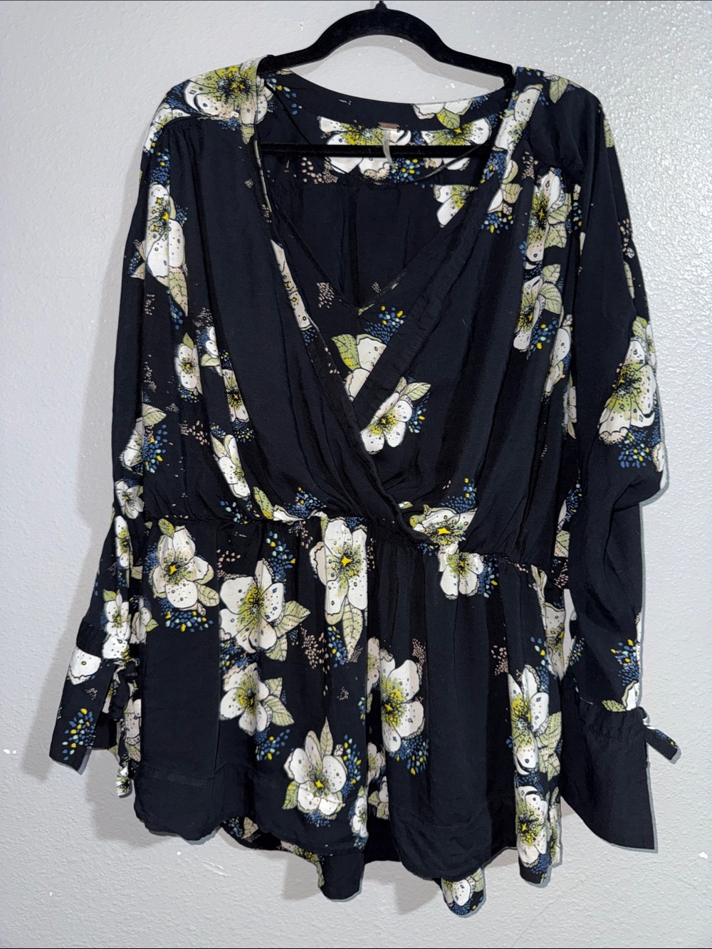 Free People Black Floral Wrap Tunic with White & Green Accents